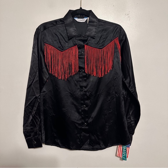 VTG Deadstock Western Satin Fringe Pearl Snap Top Red Black - Picture 1 of 5